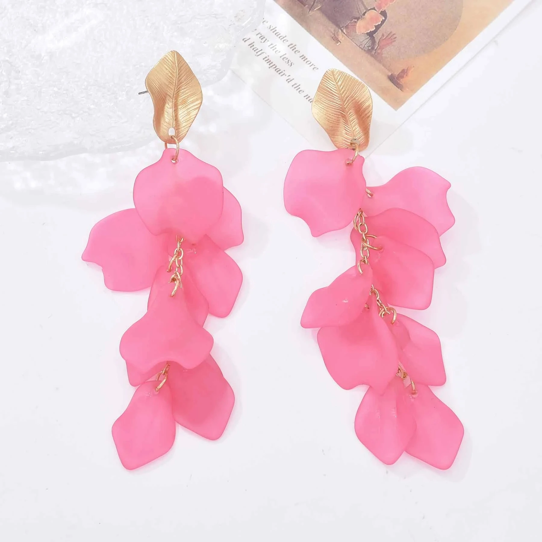 Fashion Gold Leaf Purple Blue Pink Orange Acrylic Petals Flower Earrings Dangle Earrings For Women Party Gift Accessories
