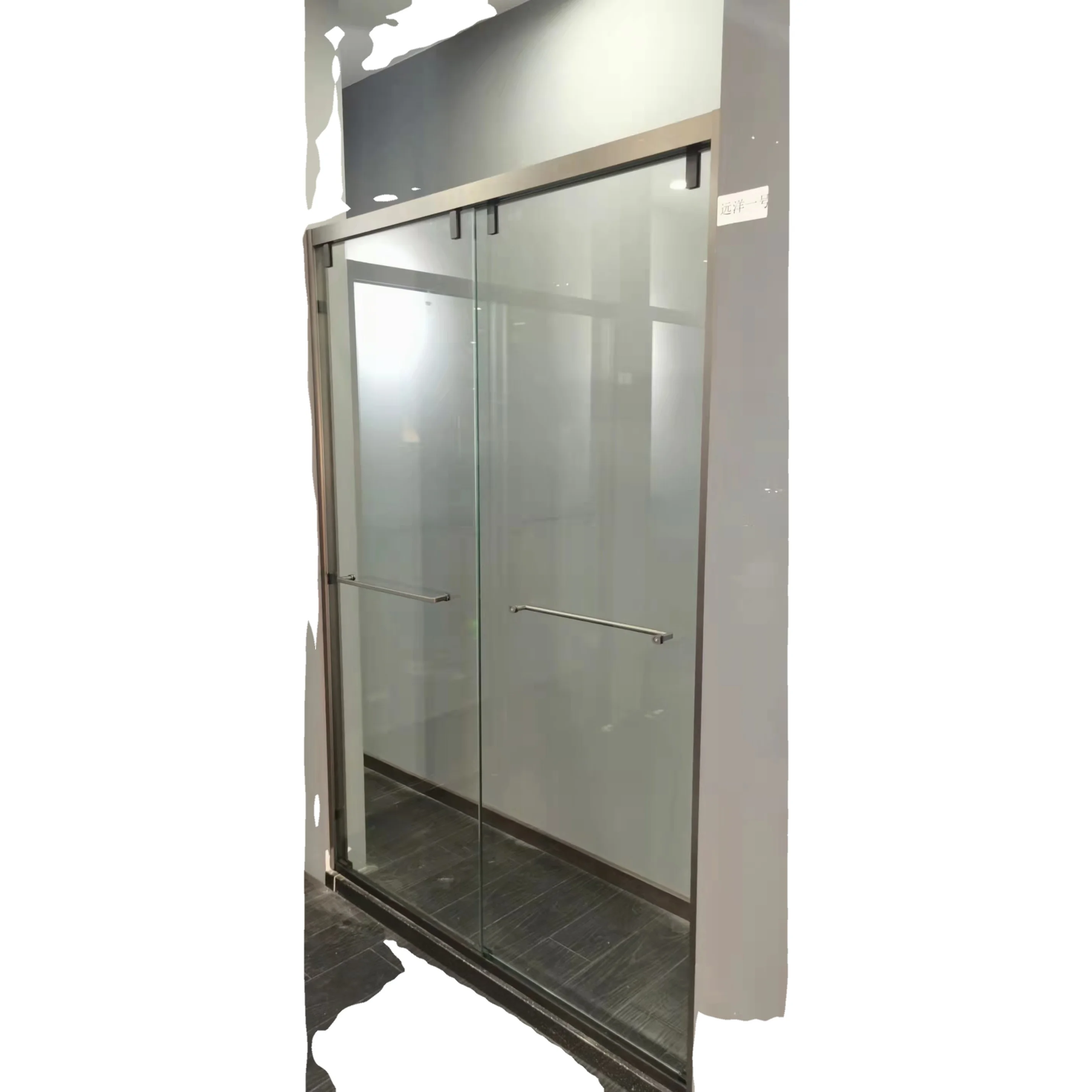 Gun grey stainless steel frame double tempered fiberglass set sliding shower door