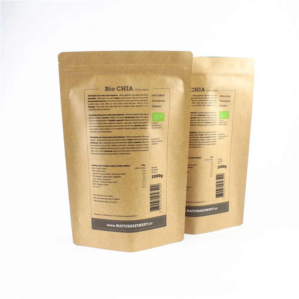 Custom printing food grade kraft paper organic chia seeds bags stand up ziplock pouch