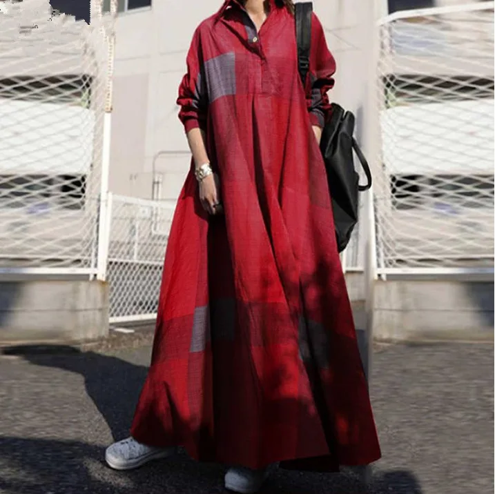 2024 autumn fashion cotton linen dress retro national style clothes printed loose long-sleeved big swing dress