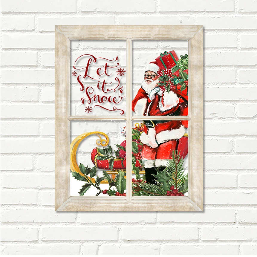 Новый продукт художественная оригинальная печать ПВХ деревянная стена искусство подарок Санты с санями рождественские украшения для стен