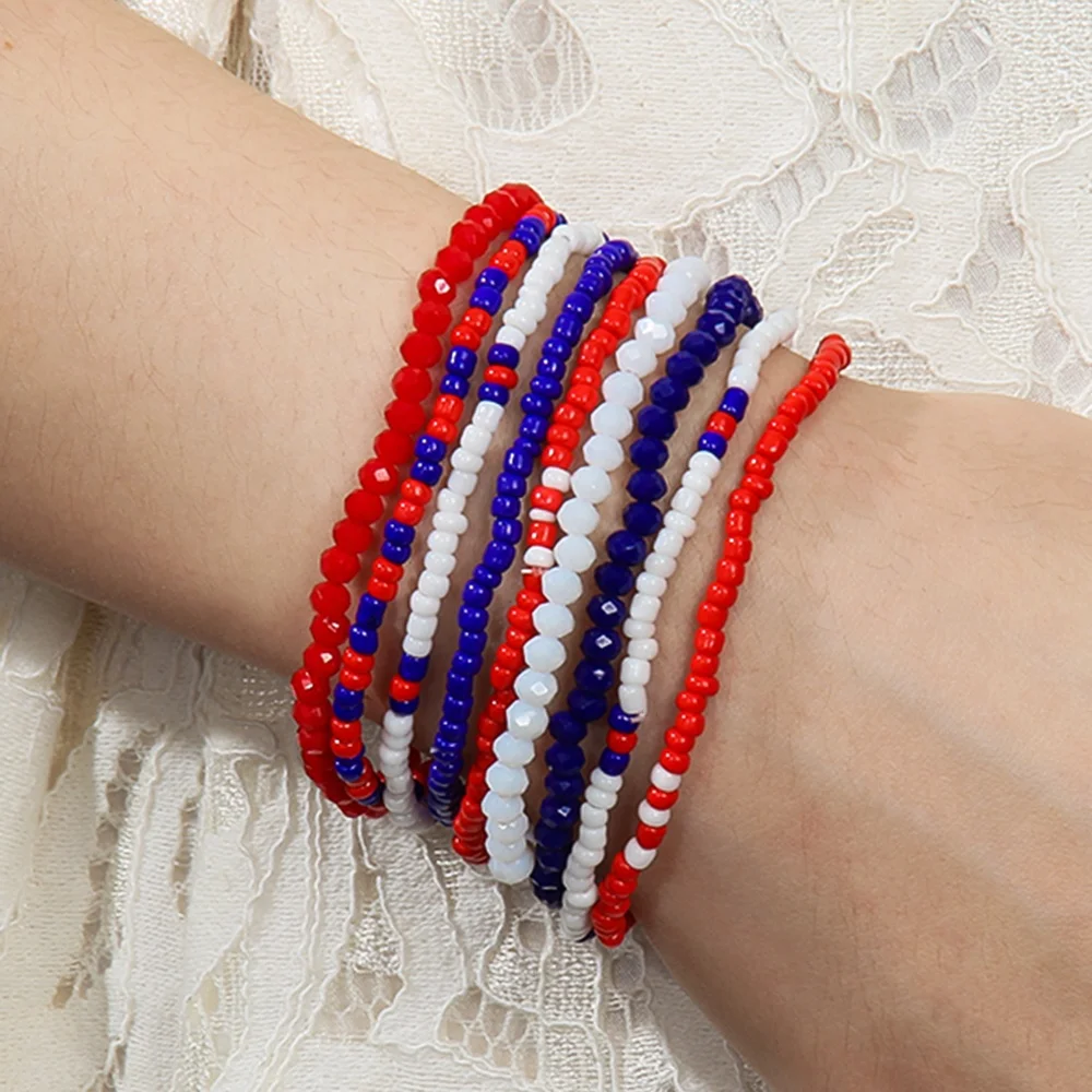 Bohemian minimalist seed bead glass 9pcs mixed color elastic Christmas holiday red white blue USA Flag stack bracelet set