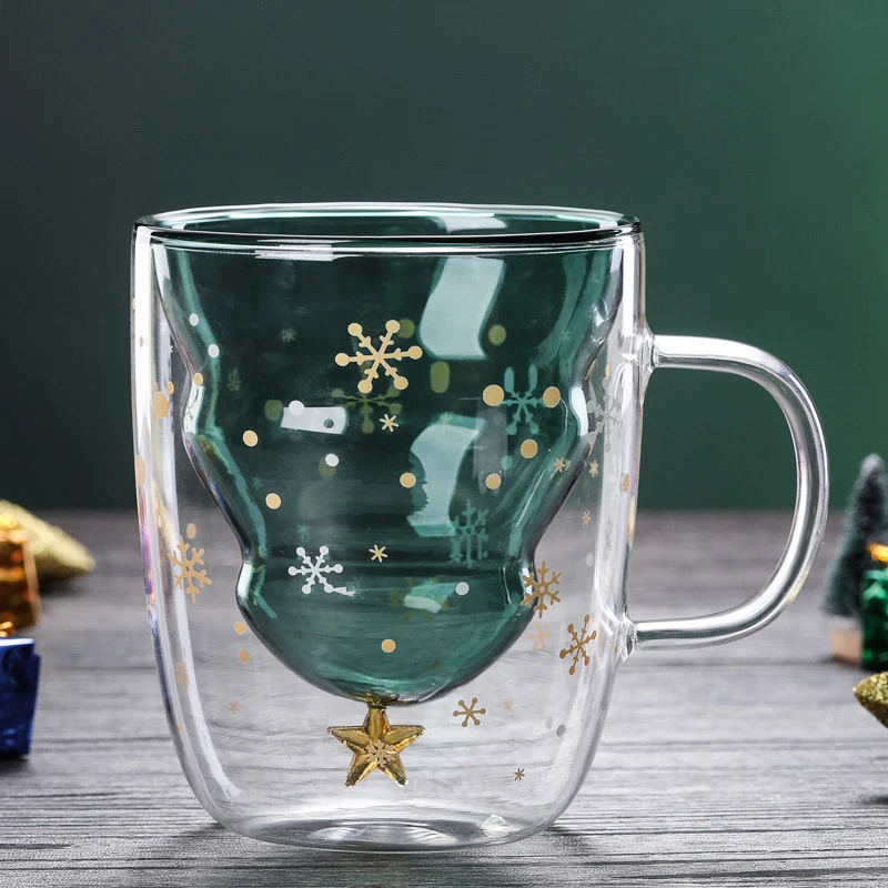 2019 new products Christmas tree cups with silicone lid and handle high borosilicate glass mugs handblown stars for sale