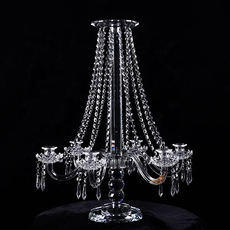 European Tall 6 Arm Crystal Clear Candelabra With Flower Bowl Wholesale for Wedding Table Decoration Centerpieces