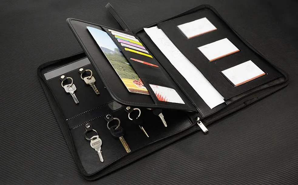 A4 MultiFunctional Key Rings China Leather Document Folder Portfolio Folder with Zipper
