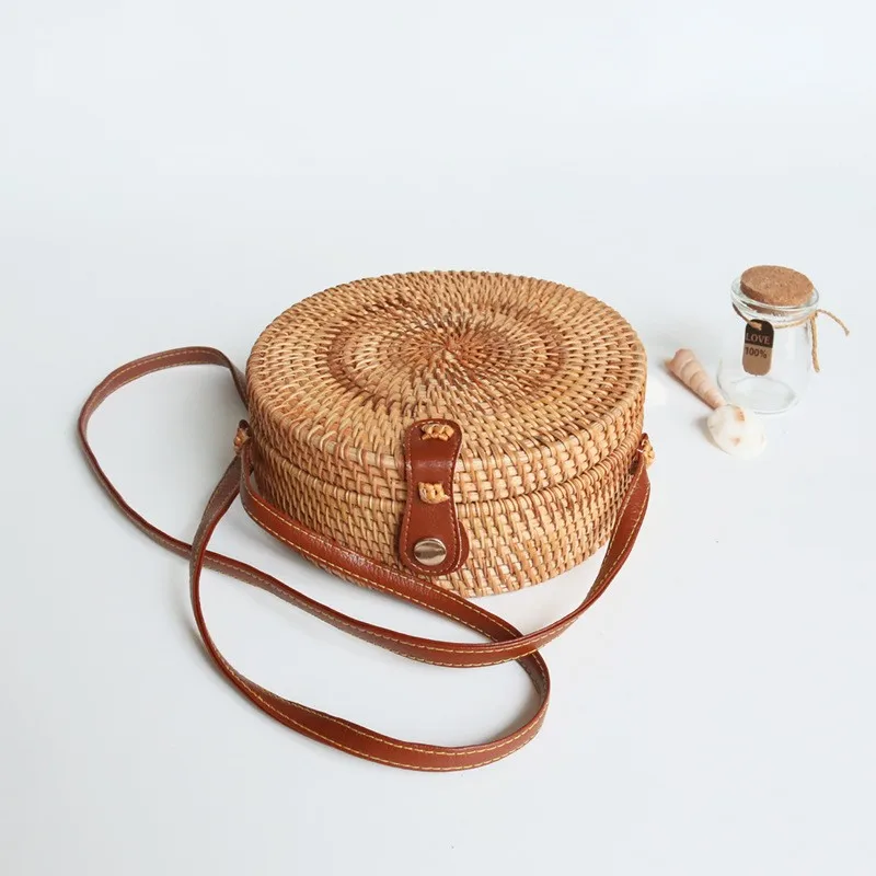 Handwoven Round Rattan Bag Shoulder Leather Straps Natural Crossbody Summer Beach straw bag