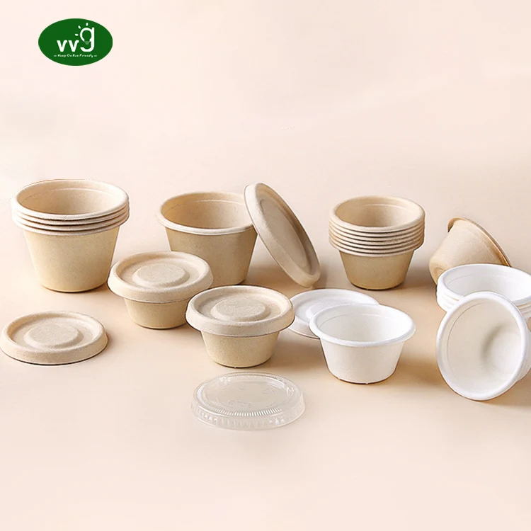 VVG Biodegradable 2 oz Bagasse Fiber Sauce Cup with Lid Eco Friendly Disposable Food Cup Paper Sauce Cups