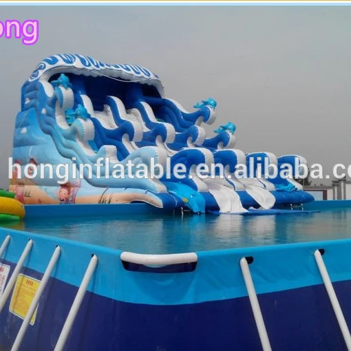 Коммерческий бассейн прямоугольной металлической рамы с надувными водными горками, надувной глубокий бассейн