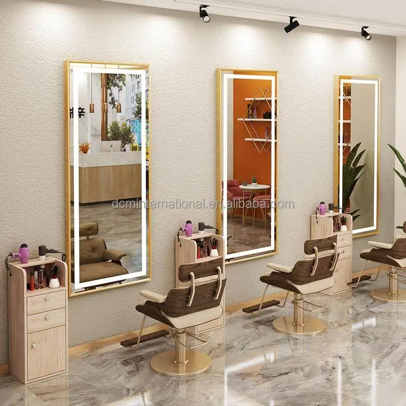 Luxury wall mounted single sided salon mirror station with led light barbershop mirror station