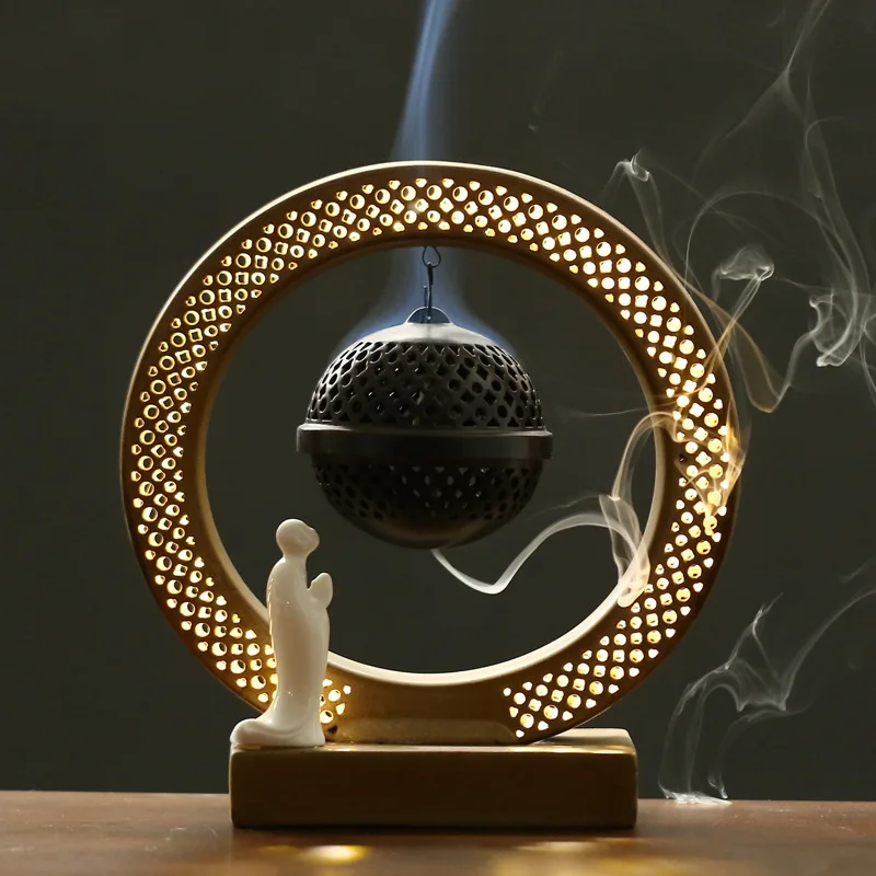 Ceramic LED Annular Waterfall Backflow Incense Burner Night Light Little Monk & Hanging Smoke Censer Holder