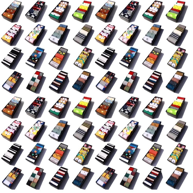 Low MOQ cheap multi-style crew all over printed custom logo box pack socks for men