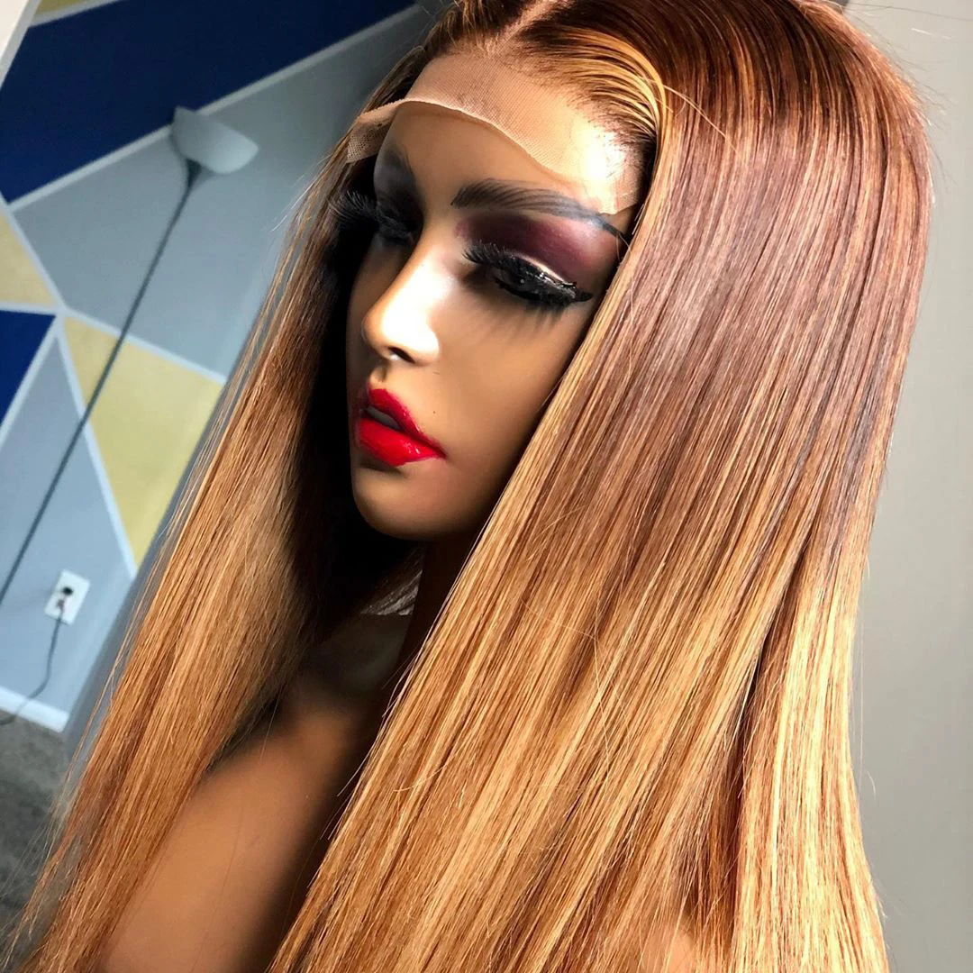 Straight Honey Blond Ombre Highlight Lace Front Human Hair Wigs Remy Brazilian PrePlucked Lace Frontal Wigs