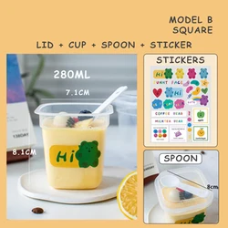 Disposable Dessert Cup Tableware Plastic Thickened Square With Stickers Lid And Spoon Yogurt Pudding Cake Food Packaging Tool