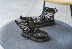 Children Shoes Fashion Black Patent Leather Toddler Girls Kids Wing Boots
