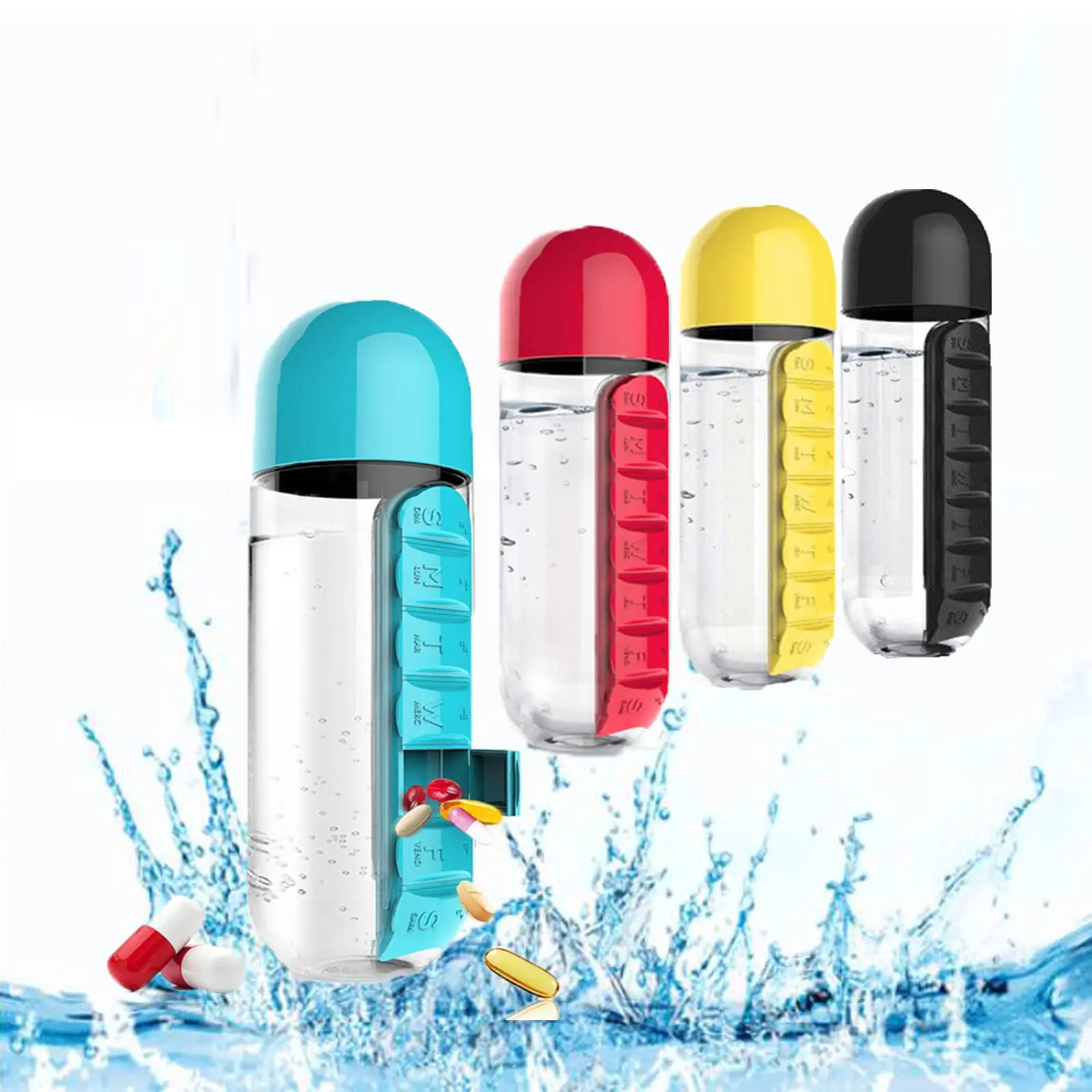 Weekly 7 Days Pill Organizer 600ML 2 in 1 Daily Office Outdoor Pill Box Water Bottle Drinking Cups Medicine Container Box
