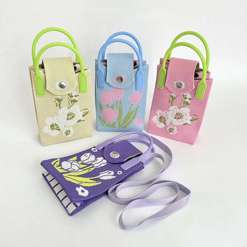 2024 Wovem Knitted Flower Tote Handbag Mini Purse Crossbody Bag Fashion Girl Crochet  Beach Phone Bag