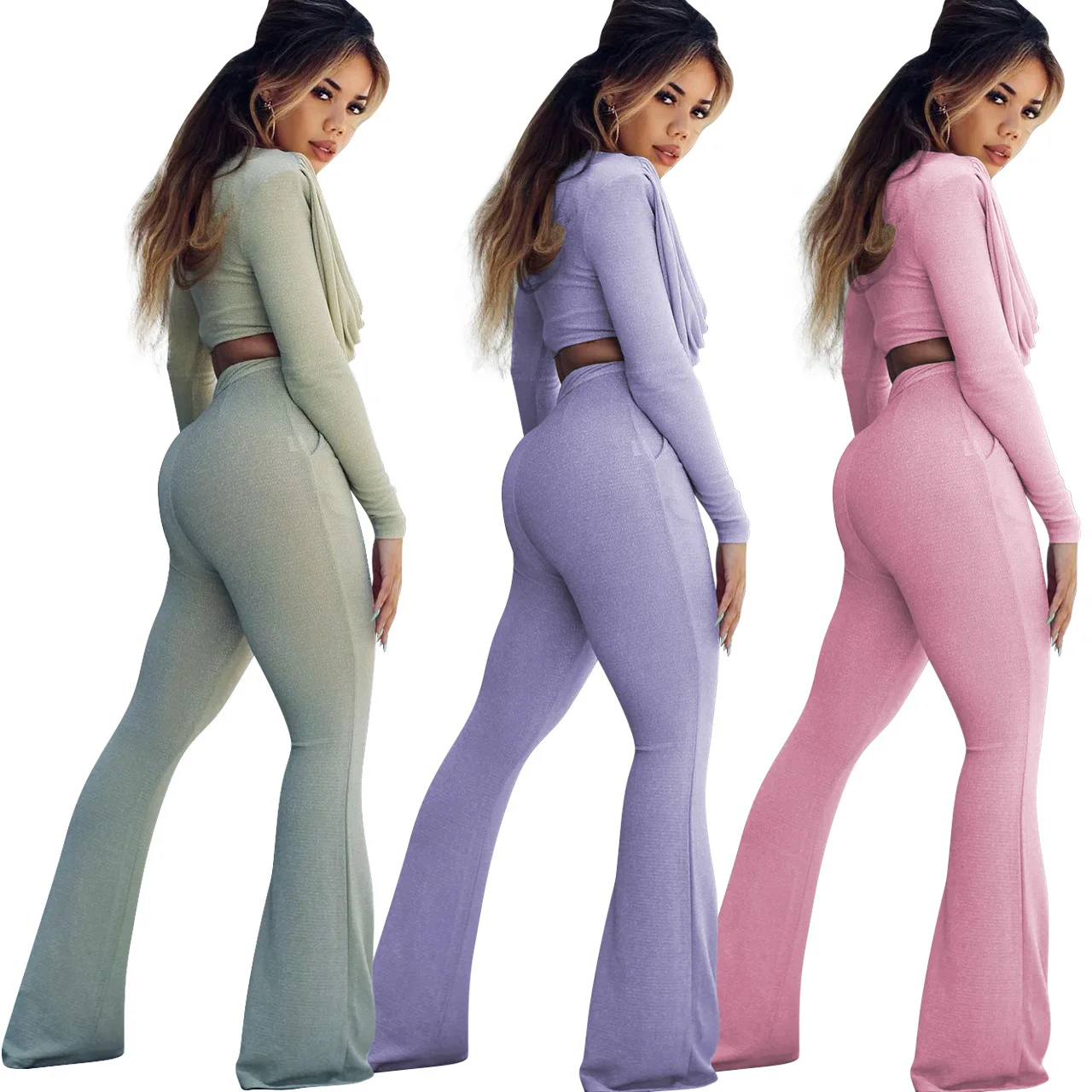 Осень 2021 модные повседневные сексуальные однотонные женские тонкие расклешенные брюки с ворсом, футболка с длинными рукавами, комплект из двух предметов