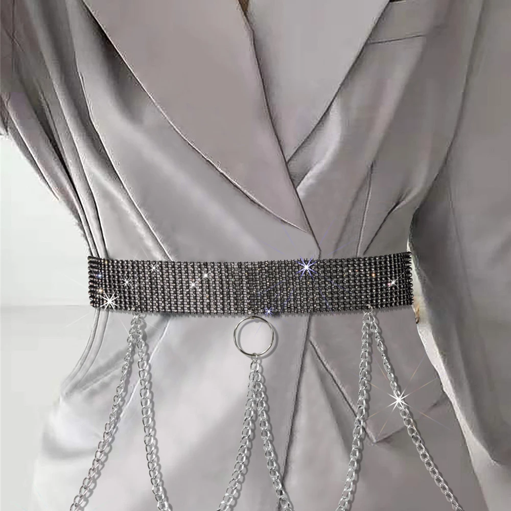 YX1347 Factory wholesale mall selling new special metal mesh shiny rhinestone tassel fashion belts for club party