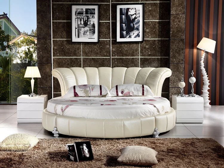 Smart leather round bed big size white bed  leather bed furniture bedroom