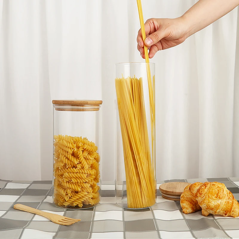 Factory Custom Tube Shaped Glass Bulk Food Containers Glass Spice Jar Cork Lid Borosilicate Glass Storage Jar With Bamboo Lid