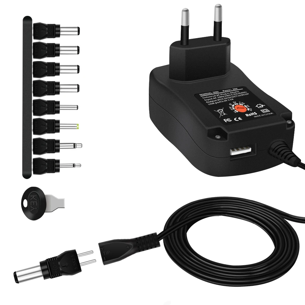 30W Universal Wall Plug-In AC/DC Adaptor with USB