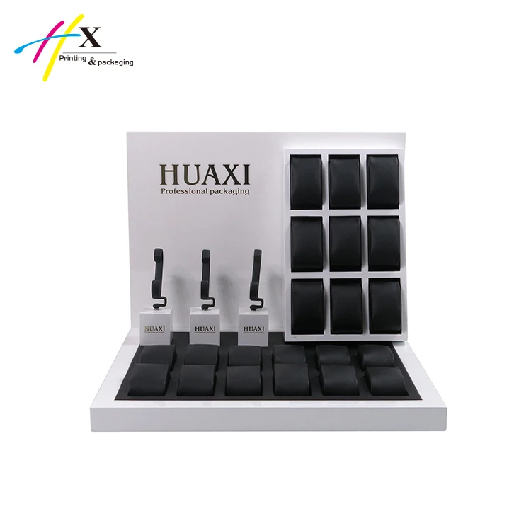 Multi-function white  Luxury Custom Logo Pillow Holder Wooden black PU Leather Watch Display Stand Window Display Set Watch Tray