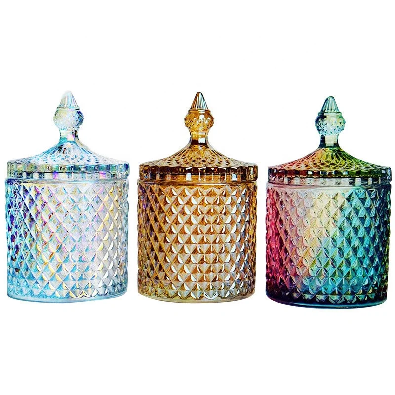 Оптовая продажа алмазная граненая Хрустальная банка для конфет красочная Радужная декоративная свечей с георезкой стекло изготовления