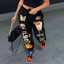 Wholesale Thicken Cotton Harem Long Trousers For Women Streetwear Fashion Loose Print Black Sweatpants Jogger Cargo Pants