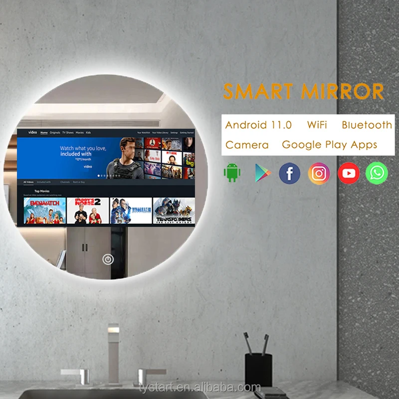 Customized round multiple application makeup mirror with popular android system smart magic TV mirror with bluetooth speaker