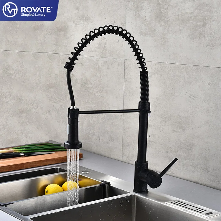 Black kitchen dining room sink faucet with pull down sprayer cold and hot water single hole bridge type mixing valve