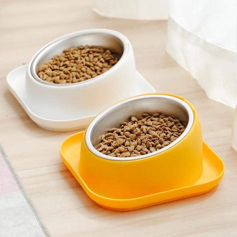 15 Degree Angle Tilted Mouth Anti Knock Cat Bowl Protection Cervical Stainless Steel Dog Bowl Separated Food Bowl