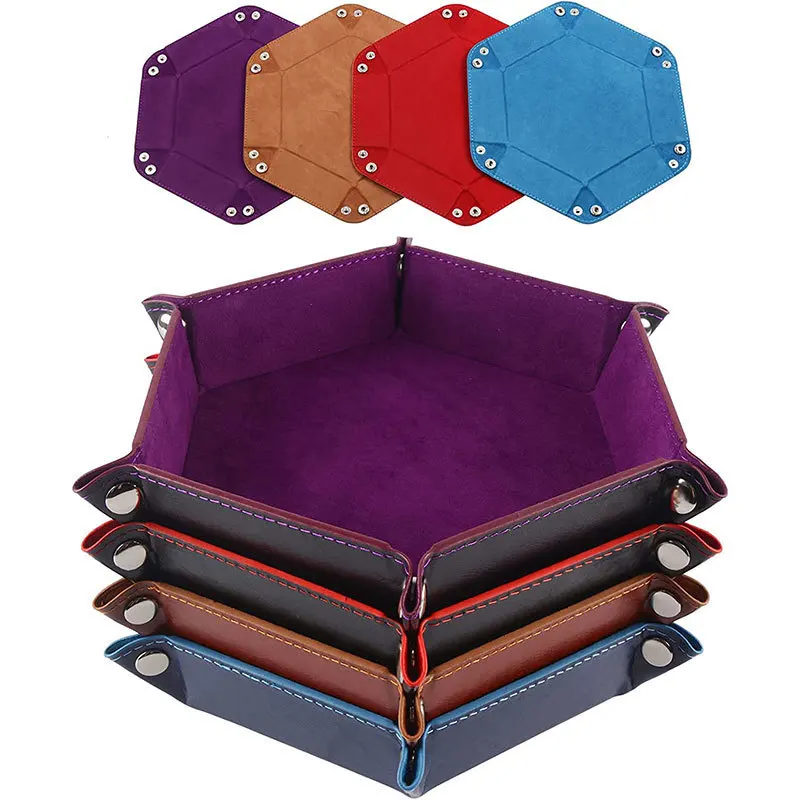Pu Leather Velvet Dice Game Hexagon Dice Storage Tray For Table Key Wallet Coin Storage New Arrival Double Sided Solid Color