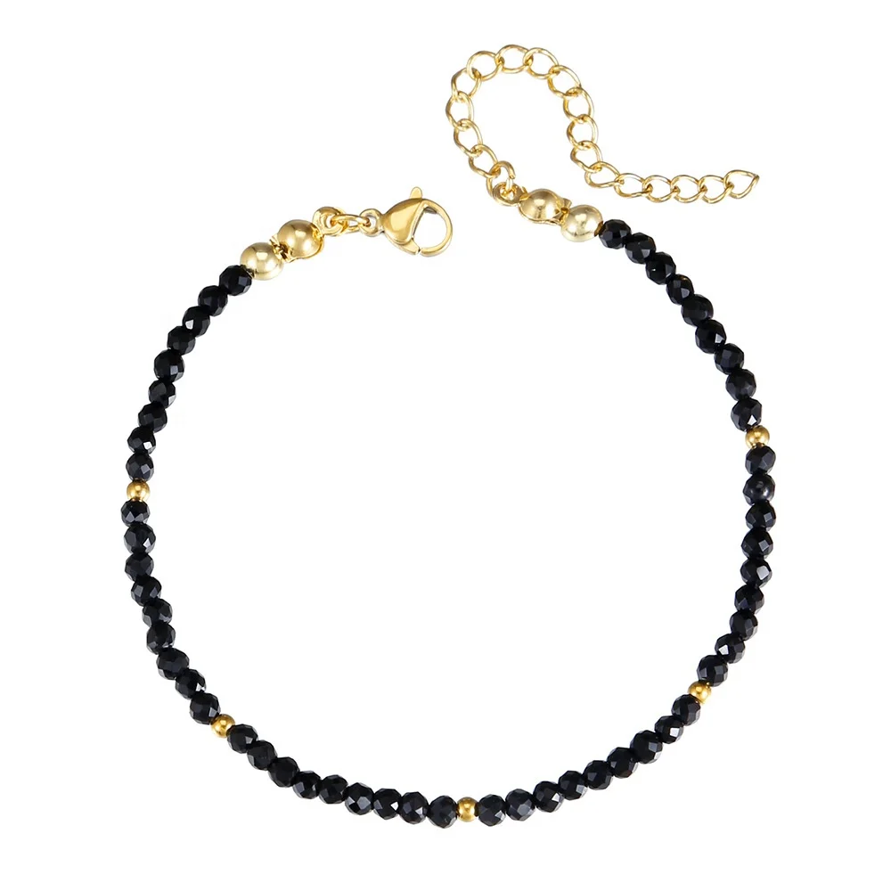 Fashion  Black Glass Crystal Bracelet Gold Stainless Steel Beaded Bracelet for Women Summer Beach Party Jewelry Gift