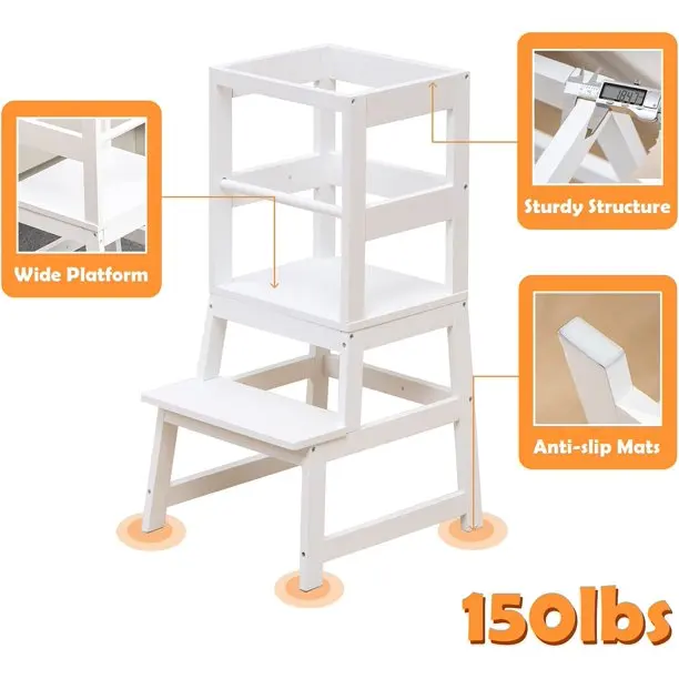 Wooden Montessori Kids Kitchen Step Stool For Kids With Safety Rail Solid Wood Construction Toddler Learning Stool Tower