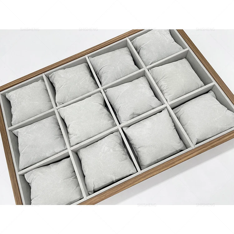 SHI SHENG High Quality Black Walnut Wood 12 Grids Watch Tray With Pillow for Jewelry Tray Bracelet Bangle Watch Display Holder