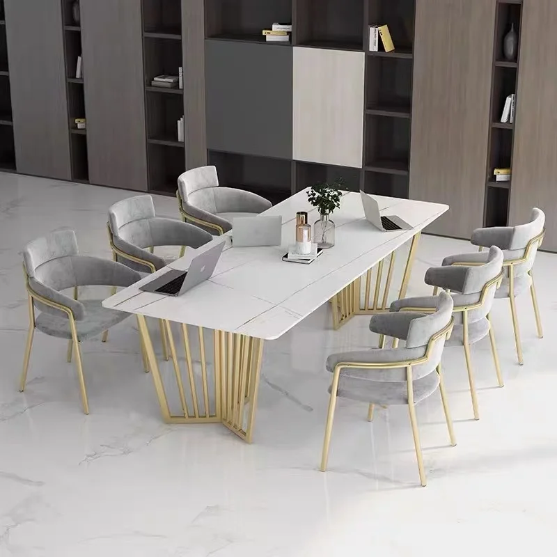 Concrete dining room 12 chairs big family large rectangle table with golden black stainless steel frame