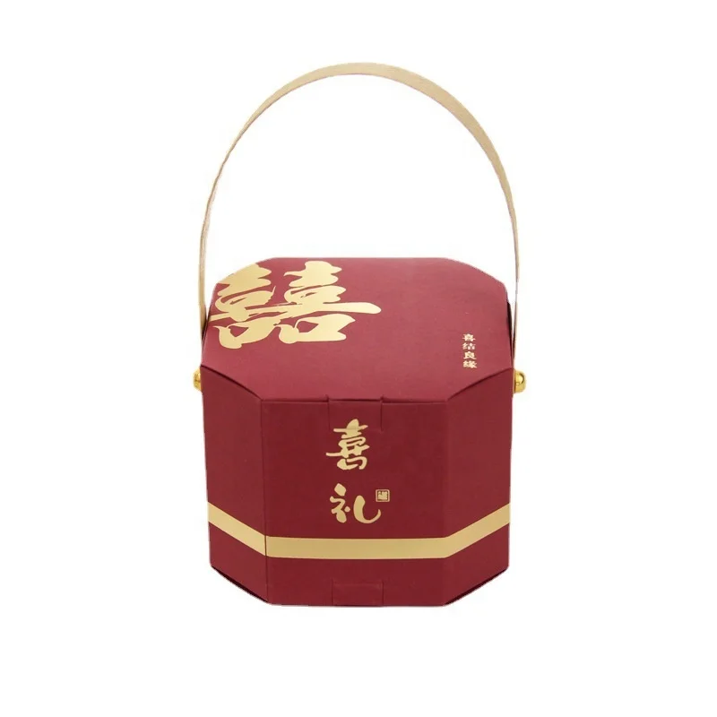 Red Hand-held Wedding Octagon Candy Chocolate Bag Chinese Hand Return Empty Gift Present Packaging Box