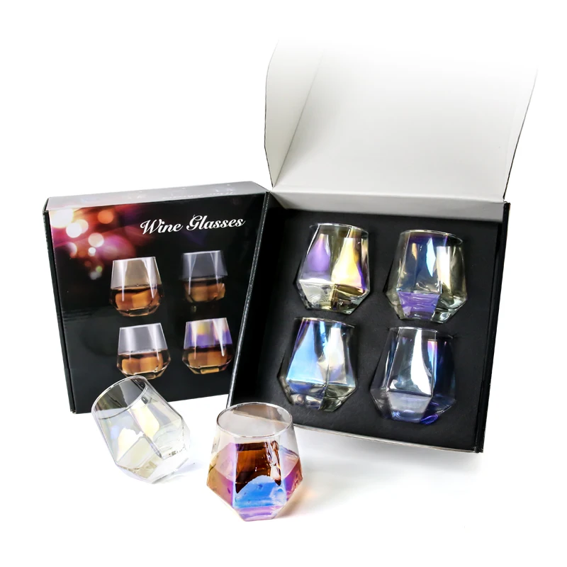 Manufacturer Whiskey Glasses, Clear Diamond Shaped Cocktail Barware, 10 oz Capacity Unique Drinkware, Set of 4