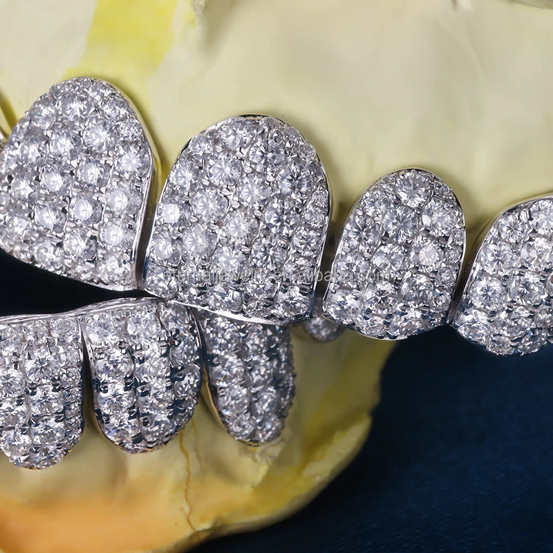 Customized Iced out Bling Top & Bottom 10 S925 Silver VVS Moissanite Diamond Grillz Solid White Gold Grillz for Teeth