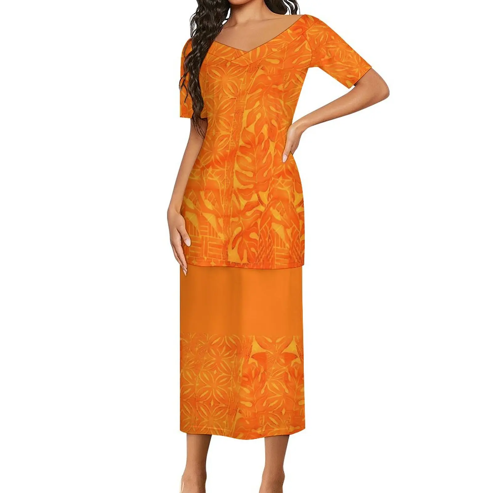 1MOQ Drop Shipping Polynesian Elei Tribal Design Custom Trendy Casual V-neck Short-Sleeved Suit For Women 2 Piece Set Puletasi