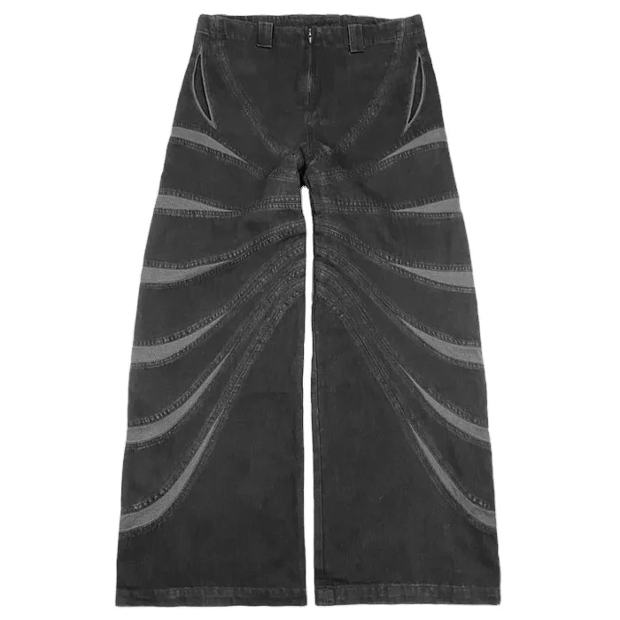 High Street bungee style contrast curved seam panels detail wide leg cargo pants 100% cotton denim baggy jeans hip hop men