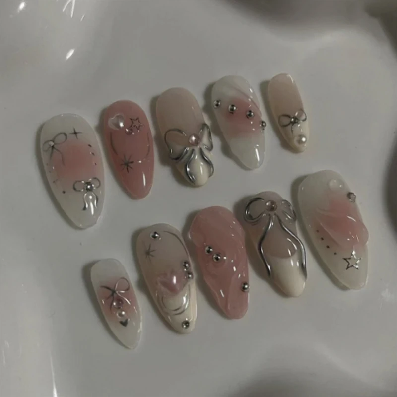 24pcs 3D Bow nail art 3D handmade magic mirror powder fake  nail French love blush pressed on nails supplier