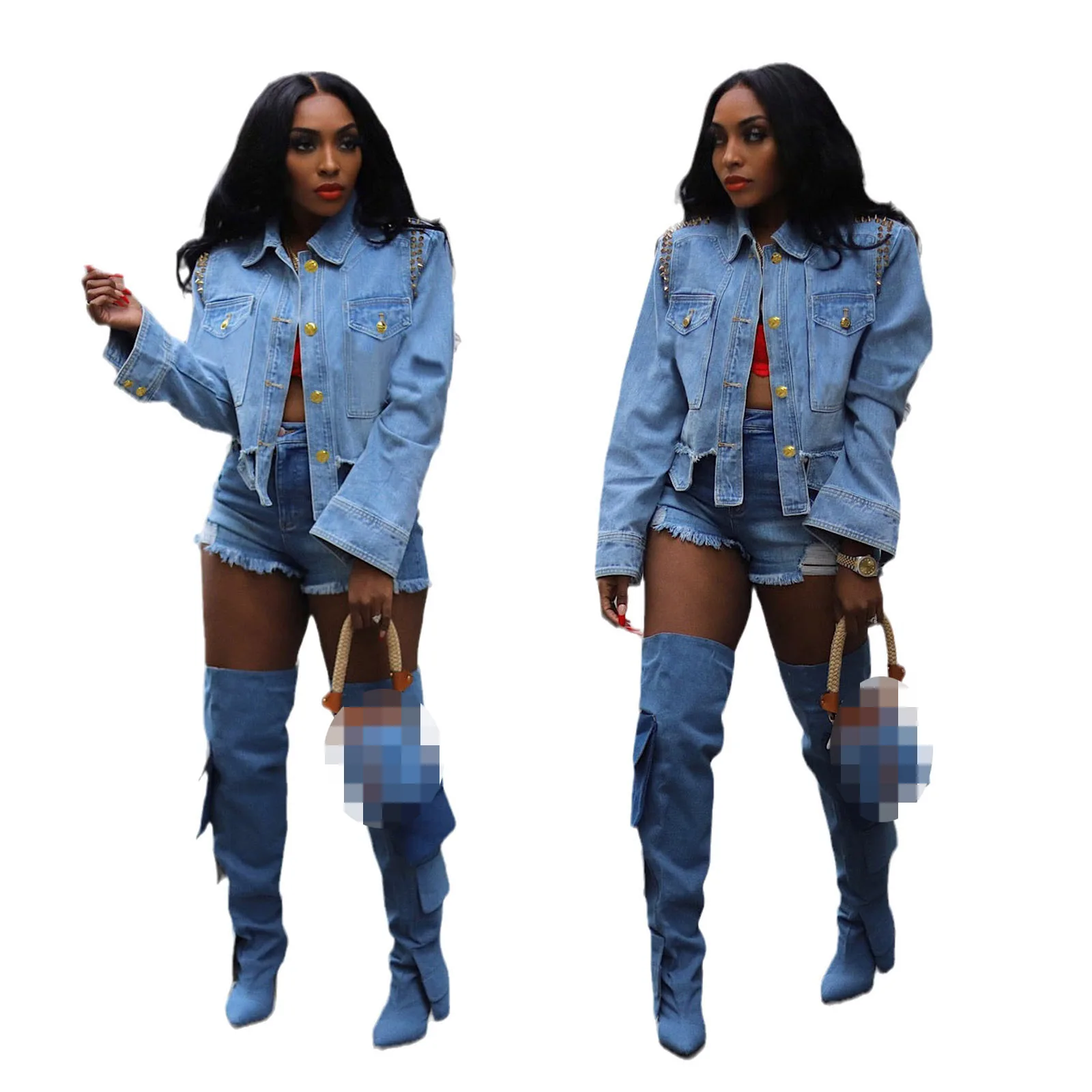 Distressed Denim Pocket Jacket with Irregular Hem and Studs Detail Unisex Ripped Shirt Collar Long Sleeve Beaded Jean Coat