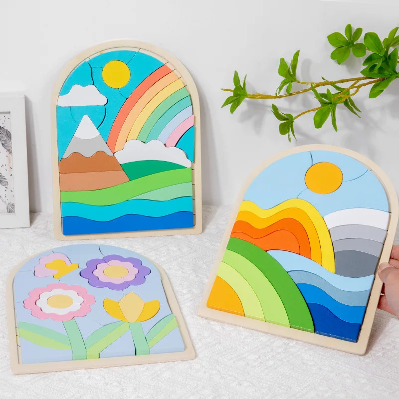 CPC Newest Wooden Flower Rainbow 3D Jigsaw Puzzle Block Baby Early Educational Cartoon Matching Hands-on Skill Wooden Puzzle Toy
