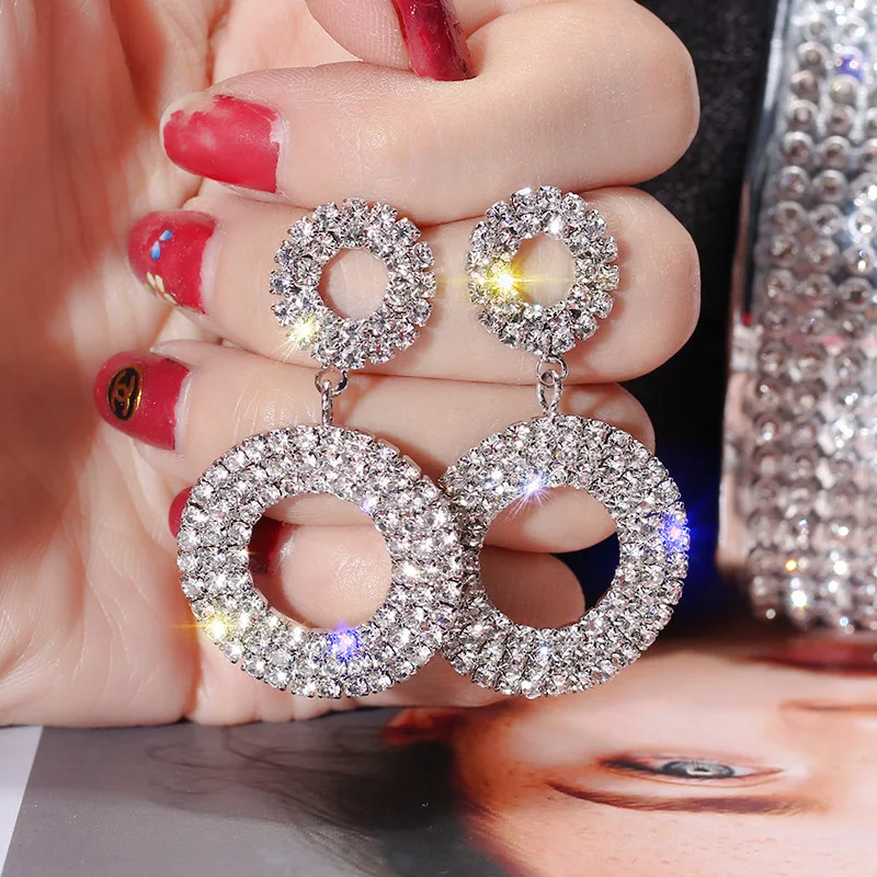 New Arrive Statement Round Silver Rhinestone Long Drop Earrings Fashion Crystals Jewelry Accessories for Women