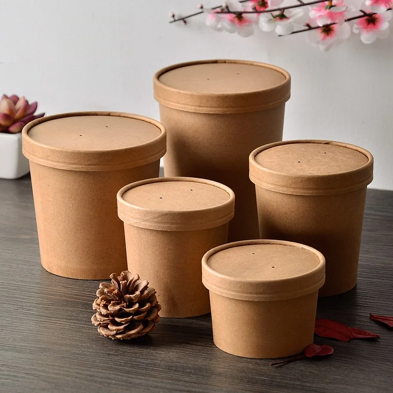 Wholesale Cheap Price Disposable Spaghetti Box Paper Kraft Noodle Paper Cups with Lid