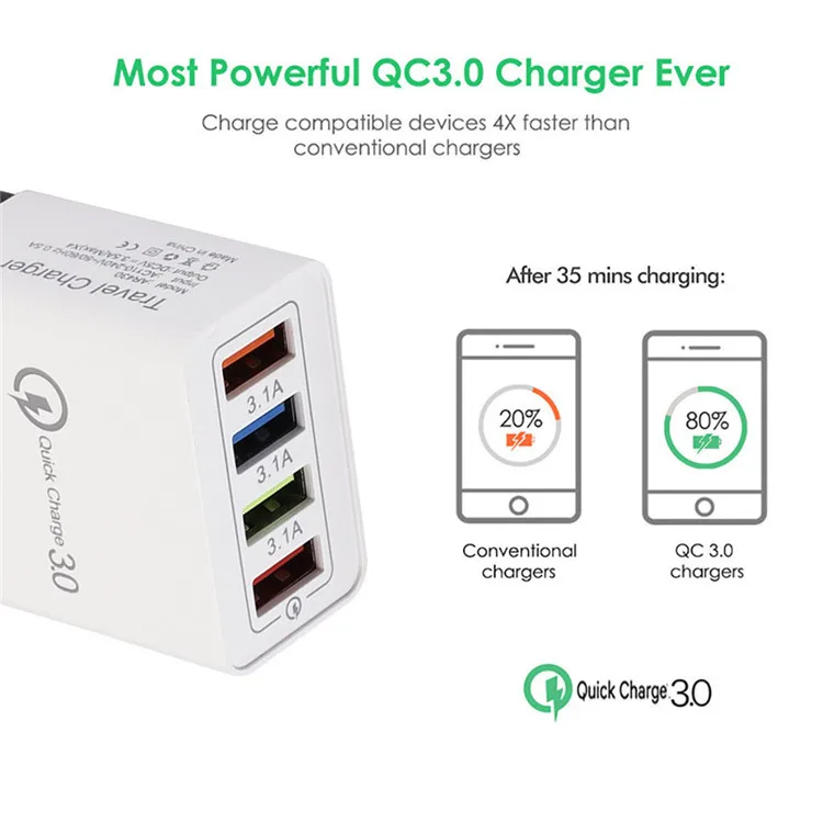 4 Port Fast Quick Charging Wall Charger QC 3.0 USB Hub Power Adapter Plug EU&US