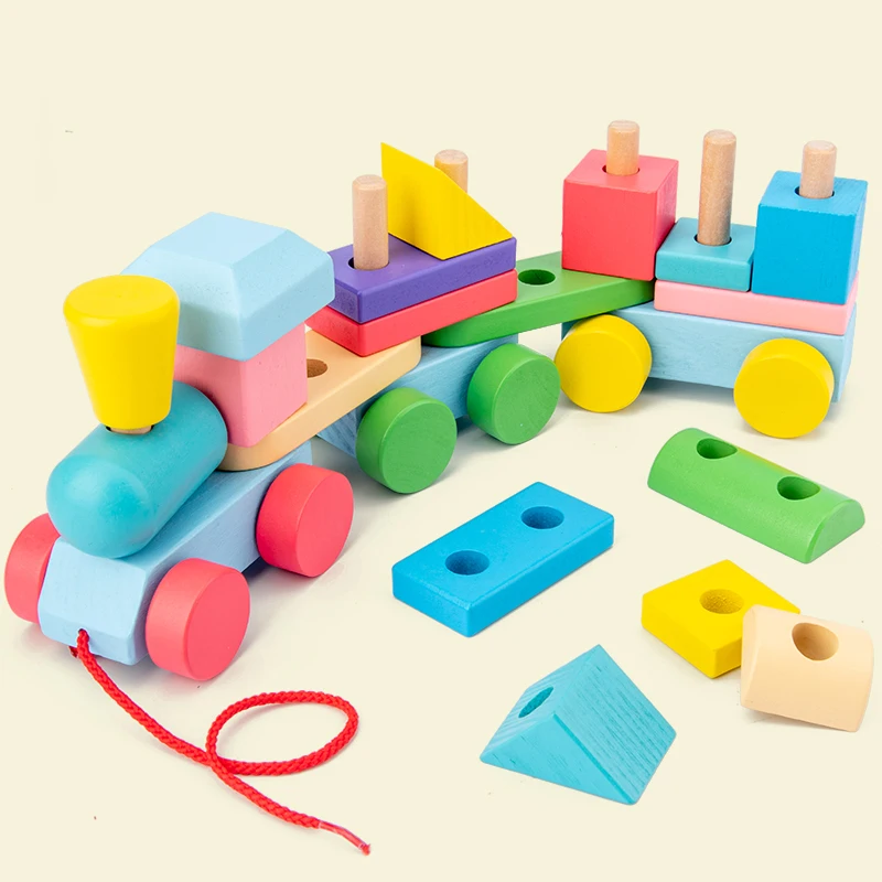Montessori Wooden Train Truck Blocks Educational Learning Toys Geometric Children Kids Building Bricks Gift