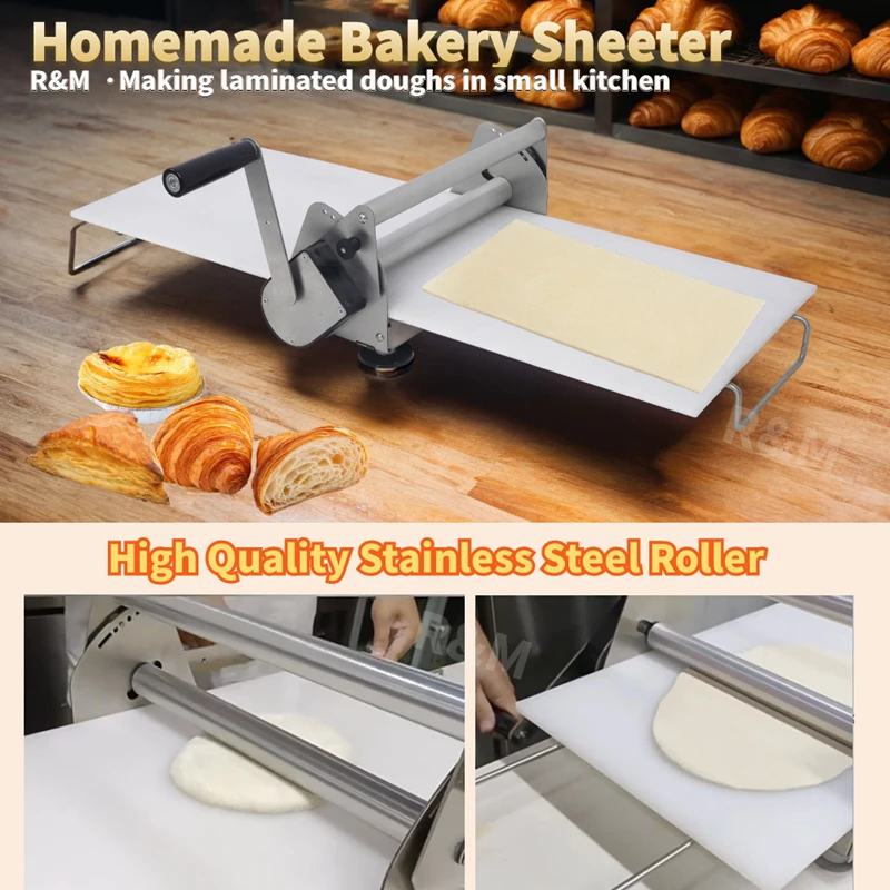 A Mini pastry portable small table top hand manual pizza dough sheeter roller shelter press flattener shetter laminator machine