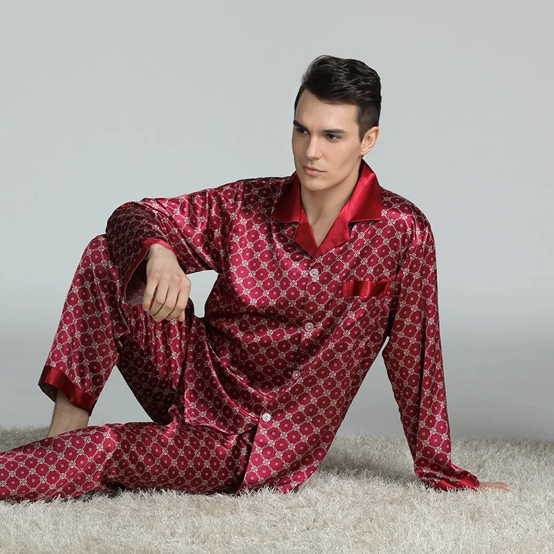 Customized Logo Silk Satin Pajamas Men Sleepwear Two Piece Night Gowns